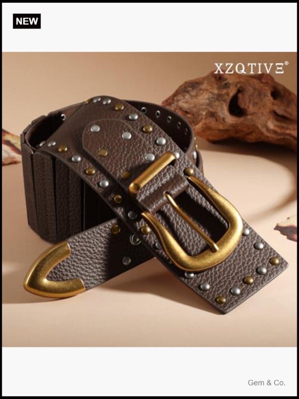 Wide Studded PU Leather Fashion Belt with Gold Buckle - Picture 3 of 6